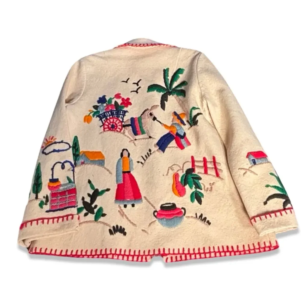 Vintage Hand Embroidered Folk Art Jacket Mexican Southwestern Wool Coat Medium - Picture 15 of 16
